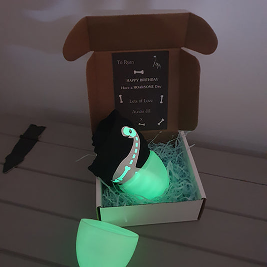 dinosaur t-shirt poking out of a glow in the dark egg