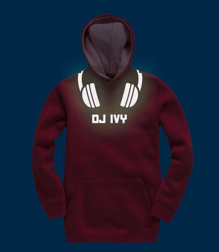 Pink DJ hoodie glowing in the dark
