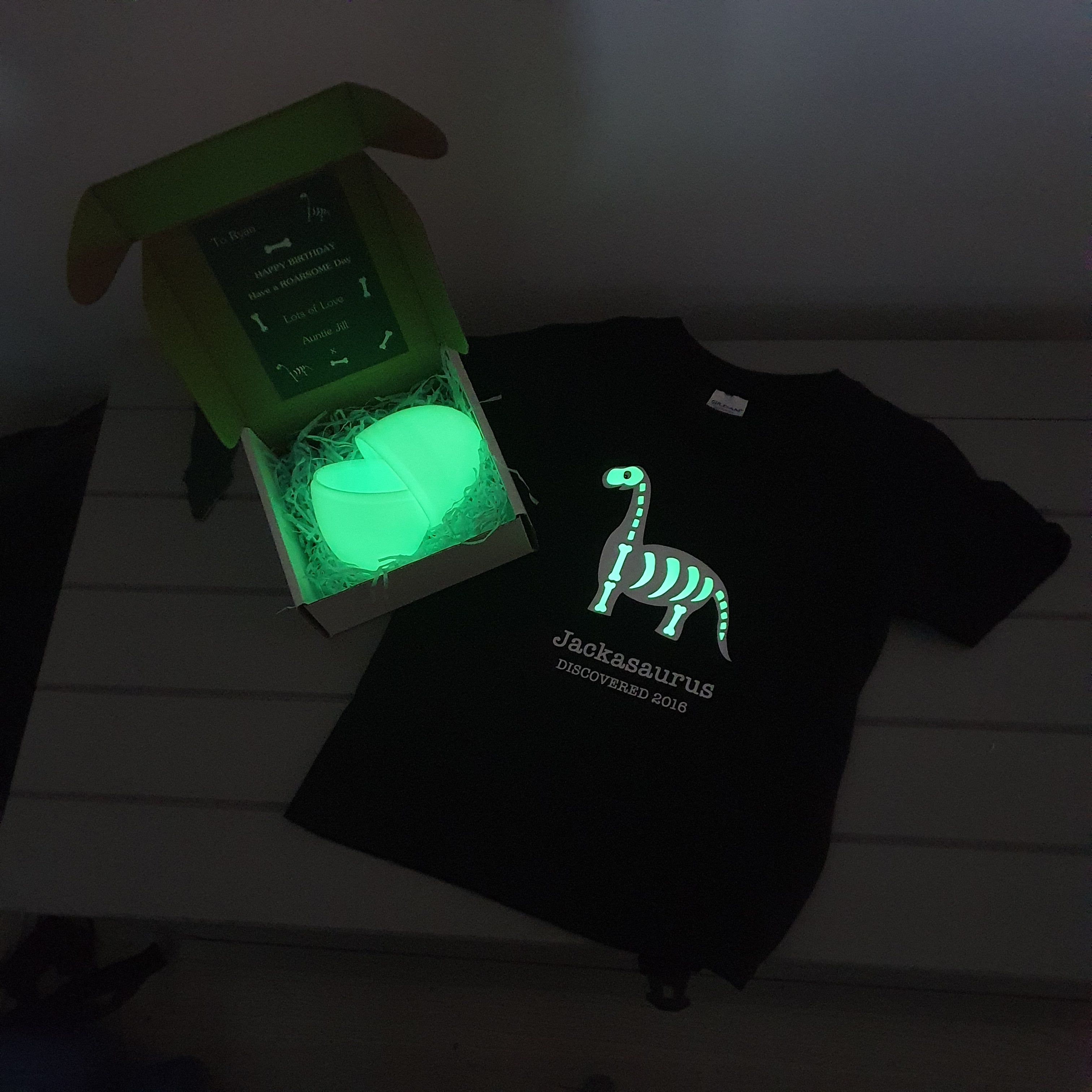 glow in the dark dinosaur t-shirt in a glowing egg - Glow in the Dark Clothing