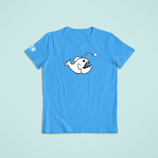 Angler fish glow in the dark t-shirt lying flat in daylight