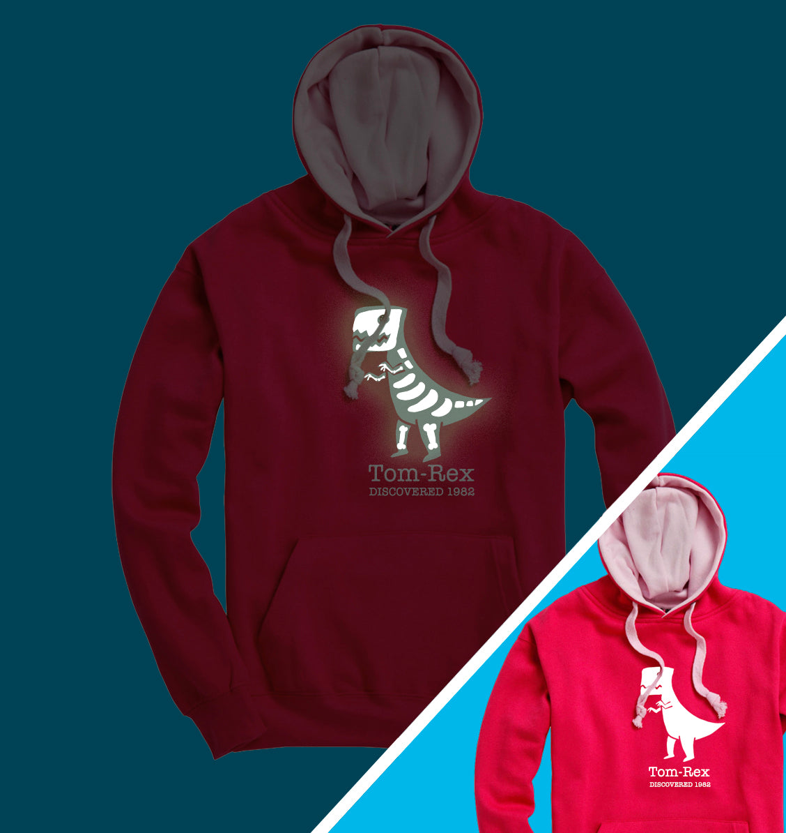 Pink T-rex Hoodie Glowing in the Dark