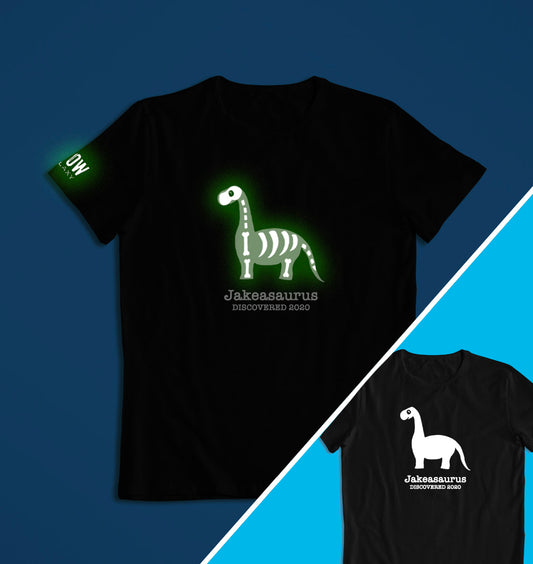 a personalised dinosaur t-shirt that glows in the dark in black