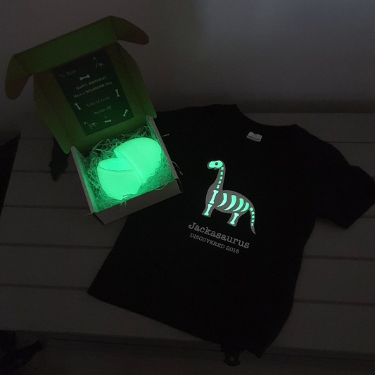Dinosaur t-shirt in a glow in the dark egg